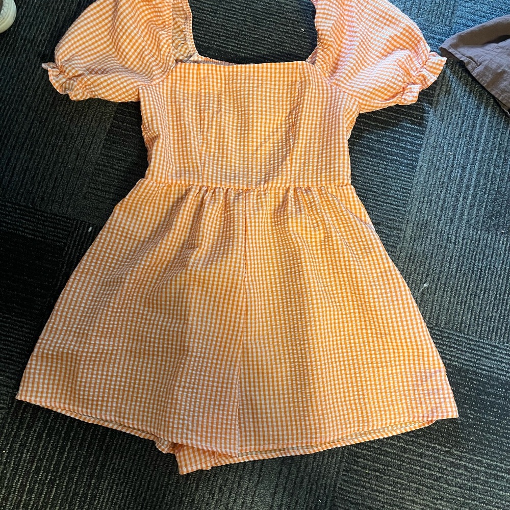 Orange Gingham Puff Sleeve Romper